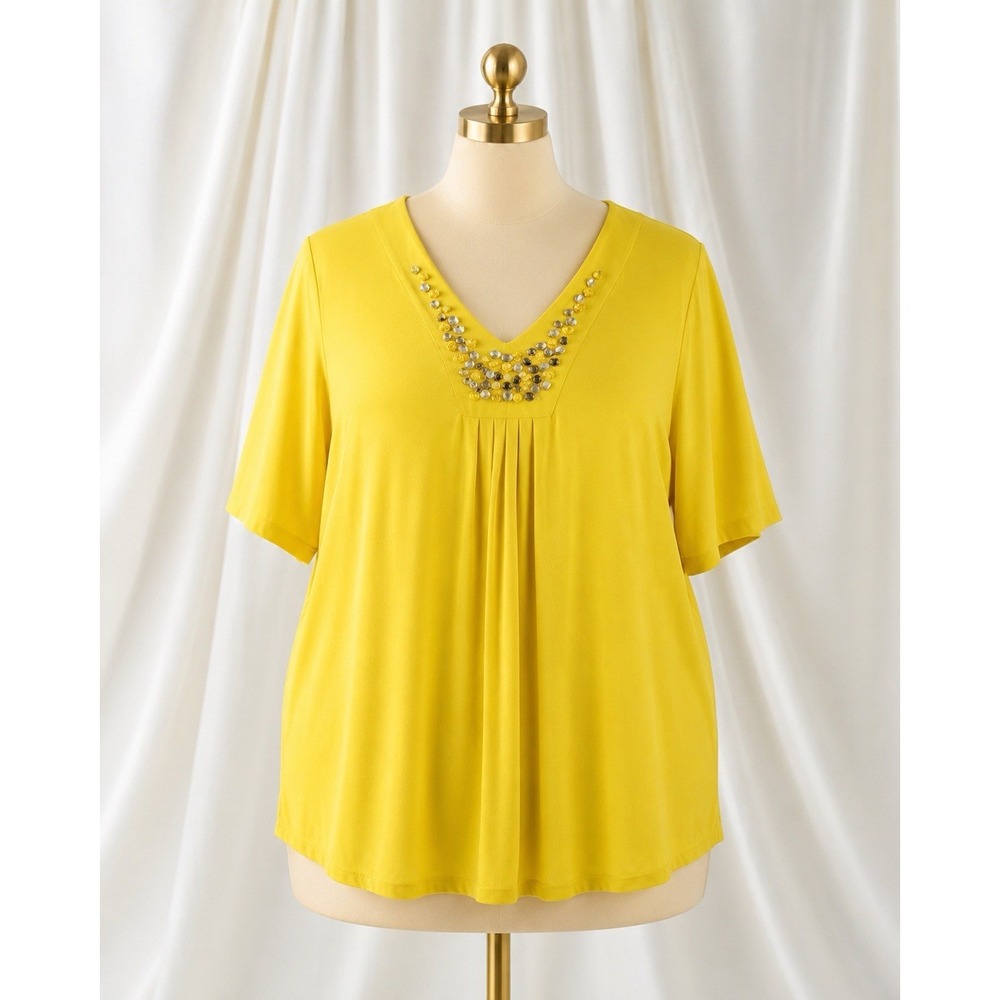 Susan Graver Liquid Knit Popover Top Silver Beaded Neckline Stretch Yellow Sz L